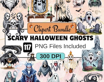 117 Imágenes prediseñadas de fantasmas de Halloween espeluznantes, paquete de imágenes prediseñadas de Halloween en acuarela PNG, Halloween Boo PNG, Halloween espeluznante PNG, Halloween lindo, fantasma PNG