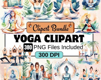 May include: A digital clipart bundle of 380 yoga poses in PNG format. The images feature watercolor illustrations of people in various yoga poses, including a woman in a lotus pose, a woman in a warrior pose, and a woman in a downward-facing dog pose. The images are set against a variety of backgrounds, including a forest, a beach, and a mountain.