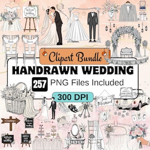 257 clipart de casamento desenhados à mão, pacote de PNG de casamento desenhado à mão, rabiscos de casamento para convite, linha do tempo, salve a data, noiva, noivo, decoração