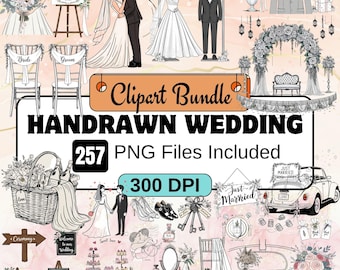 257 Hand Drawn Whimsical Wedding clipart,Handdrawn Wedding PNG Bundle,Wedding Doodle for Invitation,Timeline,Save the Date,Bride,groom,decor