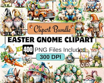 May include: A digital clipart bundle of 400 Easter gnomes in PNG format. The gnomes are depicted in various poses, holding Easter eggs, carrots, and other festive items. The gnomes are wearing colorful hats and clothing. The clipart is 300 DPI.