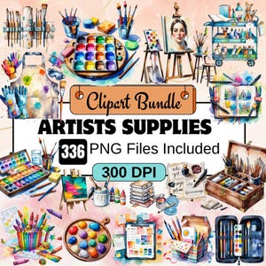 Clipart de suprimentos para artistas, pacote de clipart PNG de suprimentos para pintores, imagens de materiais de arte, gráficos criativos para pintores, artista, materiais de pintura, ferramenta de arte