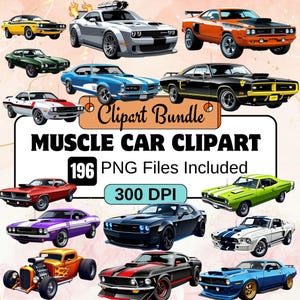 Puede incluir: Una colección de 196 imágenes de clipart de coches musculosos en formato PNG, 300 DPI. Los coches son de varios colores, incluyendo rojo, azul, verde, negro, naranja y amarillo. Los coches son todos en un estilo clásico de coche musculoso, con motores grandes y neumáticos anchos.
