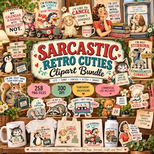 Könnte beinhalten: Ein digitales Clipart-Paket mit Retro-Illustrationen von Tieren und Objekten mit sarkastischen Texten, darunter eine Katze, eine Ente, ein Schaf, ein Pinguin, ein Eichhörnchen, ein Waschbär, ein Elefant, ein Bär und eine Kassette.