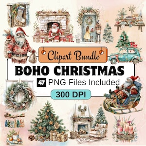 Boho Christmas Clipart, Paquete PNG de imágenes prediseñadas de Navidad, 47 PNG Christmas Boho Clipart Bundle, Descarga digital instantánea, Uso comercial