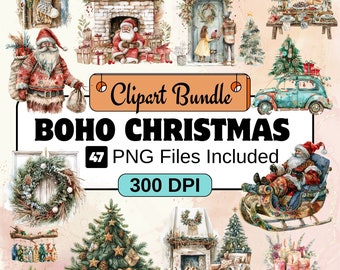 ボヘミアンクリスマスクリップアート、クリスマスクリップアートPNGバンドル、47個のPNGクリスマスボヘミアンクリップアートバンドル、即時デジタルダウンロード、商用利用可能