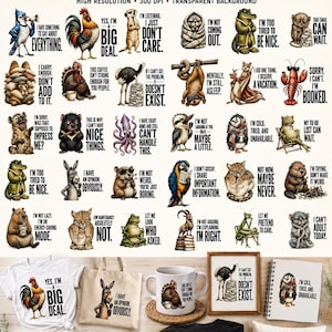May include: A digital clipart bundle titled Funny Sarcastic Animals featuring 116 unique designs of various animals with humorous text. The collection includes illustrations of a rooster, sloth, puffin, and hyena, displayed on items like a white mug, tote bag, t-shirt, and framed prints.