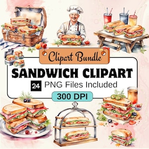 Imágenes prediseñadas de sándwich, sándwich de acuarela, imágenes prediseñadas de comida, paquete PNG, paquete de 24 imágenes prediseñadas de sándwich, descarga digital instantánea, uso comercial