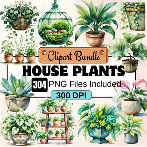 Imágenes prediseñadas de plantas de interior de acuarela, paquete de imágenes prediseñadas botánicas PNG, paquete de imágenes prediseñadas de 304 plantas verdes PNG, descarga digital instantánea, uso comercial
