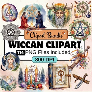 May include: A digital clipart bundle of 114 watercolour illustrations featuring Wiccan symbols, including pentagrams, candles, a book of spells, a moon goddess, and a horned god. The text "Wiccan Clipart" and "114 PNG Files Included" is displayed on the image.