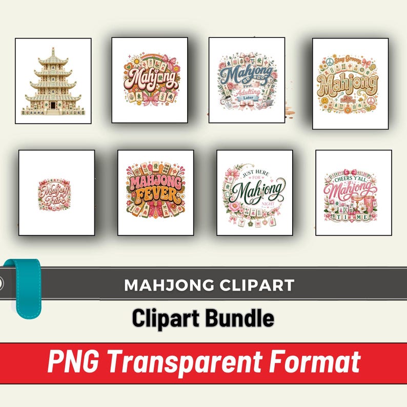 Op de afbeelding: Een digitaal clipart-pakket met acht verschillende illustraties met Mahjong-thema. De ontwerpen bevatten een pagode, diverse bloemstukken en gestileerde teksten zoals Mahjong, Mahjong Fever en Cheers Y'all Mahjong Time in retrokleuren.