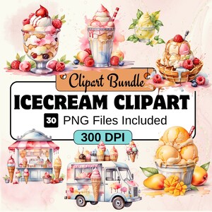 Ice Cream Watercolor Clipart, Watercolor Tasty Desserts, Sweet Treats,PNG,24 Icecream Clipart Bundle,Instant Digital Download,Commercial Use