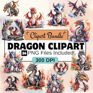 Dragon Clipart, Animal Clipart PNG Bundle, 24 PNG Dragon Clipart Bundle, Instant Digital Download, Commercial Use