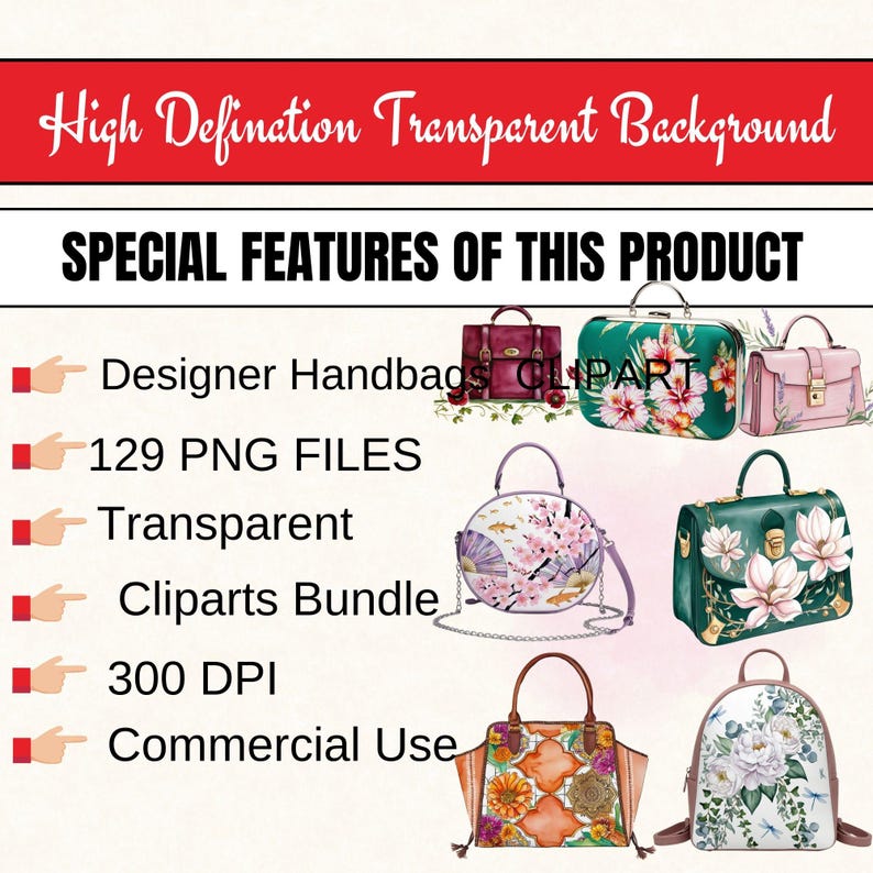 Designer Handbags, handbags png,,decoration clipart,digital clipart,flower handbag,junk journals,png clipart,png files,printable art,