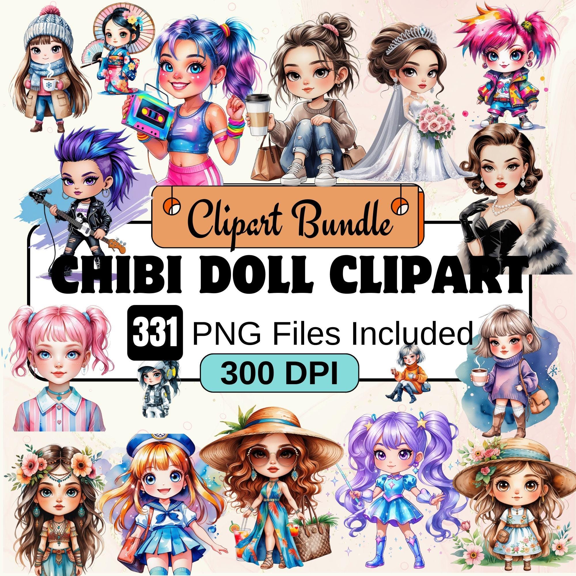 Paquete PNG de Clipart Muñecas Chibi 331 – Chicas chibi de moda, muñecas fashion, descarga digital
