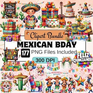 Könnte beinhalten: Ein digitales Clipart-Paket mit 177 Grafiken für eine mexikanische Geburtstagsparty. Die Grafiken umfassen eine Vielzahl von bunten Elementen, wie eine Piñata, einen Kaktus, eine Mariachi-Band, eine Torte und einen Totenkopf. Der Text "Feliz Quinceañera" ist ebenfalls enthalten. Die Grafiken haben eine Auflösung von 300 DPI.