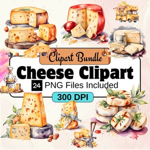 May include: A watercolor-style clipart bundle featuring various cheese illustrations. The image includes different cheese types, such as Swiss cheese with holes, and grilled cheese, along with the text "Cheese Clipart" and "24 PNG Files Included".