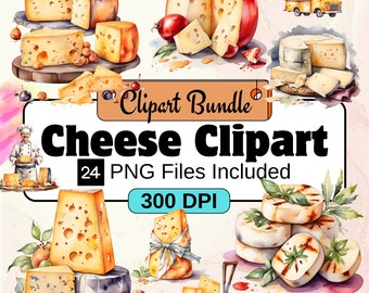 Cheese Clipart, Watercolor Cheese PNG Bundle, 24 Cheese Clipart Bundle, Instant Digital Download, Commercial Use