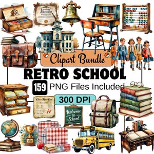 Clipart de escuela vintage, paquete de clipart PNG de escuela retro, vieja escuela, escuela nostálgica de 1950, clipart de efímeras escolares, maestro, estudiante, escuela retro