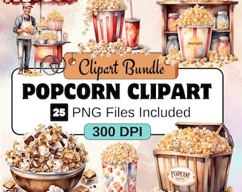 Popcorn Clipart, Watercolor Popcornt PNG Bundle, 24 Popcorn Clipart Bundle, Food Clipart, Instant Digital Download, Commercial Use