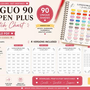 May include: A Languo 90 Gel Pen Plus swatch chart printable PDF set featuring a spiral-bound notebook with colour samples, four blank template pages, and icons for A4 29.7 x 21 cm and US Letter 8.5 x 11 inch paper sizes with text.