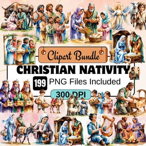 Clipart crèche de Noël, crèche PNG, lot de cliparts chrétiens, naissance de Jésus, Illustrations religieuses de Noël
