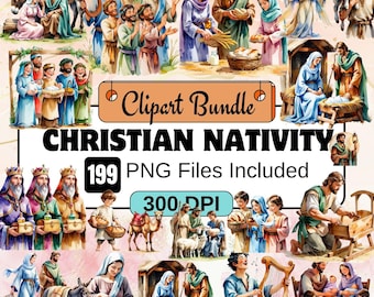 Christmas Nativity Clipart,Nativity Scene PNG Bundle,Christian Clipart Bundle,Jesus Birth, Religious Christmas Illustrations