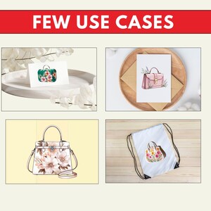 Pode incluir: Quatro exemplos diferentes de como usar um design de bolsa de m&atilde;o. A primeira imagem mostra um cart&atilde;o com uma bolsa de m&atilde;o verde com estampa floral. A segunda imagem mostra um cart&atilde;o com uma bolsa de m&atilde;o rosa com design floral. A terceira imagem mostra uma bolsa de m&atilde;o branca com estampa floral. A quarta imagem mostra uma bolsa de cord&atilde;o branca com um design de bolsa de m&atilde;o floral.