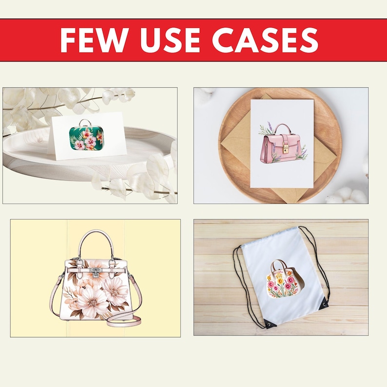 Pode incluir: Quatro exemplos diferentes de como usar um design de bolsa de m&atilde;o. A primeira imagem mostra um cart&atilde;o com uma bolsa de m&atilde;o verde com estampa floral. A segunda imagem mostra um cart&atilde;o com uma bolsa de m&atilde;o rosa com design floral. A terceira imagem mostra uma bolsa de m&atilde;o branca com estampa floral. A quarta imagem mostra uma bolsa de cord&atilde;o branca com um design de bolsa de m&atilde;o floral.