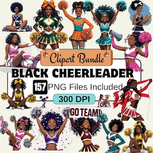 157 Imágenes prediseñadas de animadora negra, paquete de imágenes prediseñadas PNG de animadora de niñas, imágenes prediseñadas de pompón de animadora negra, imágenes PNG de animadora afro, niña animadora