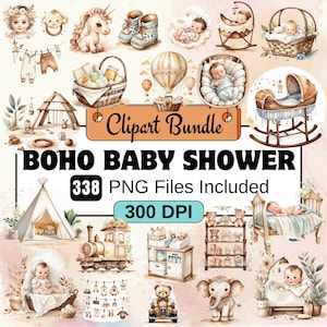 Boho Baby Shower Clipart,Baby Shower Clipart PNG Bundle,338 PNG  Baby Shower  Watercolor Clipart Bundle,Instant Digital Download,Commercial