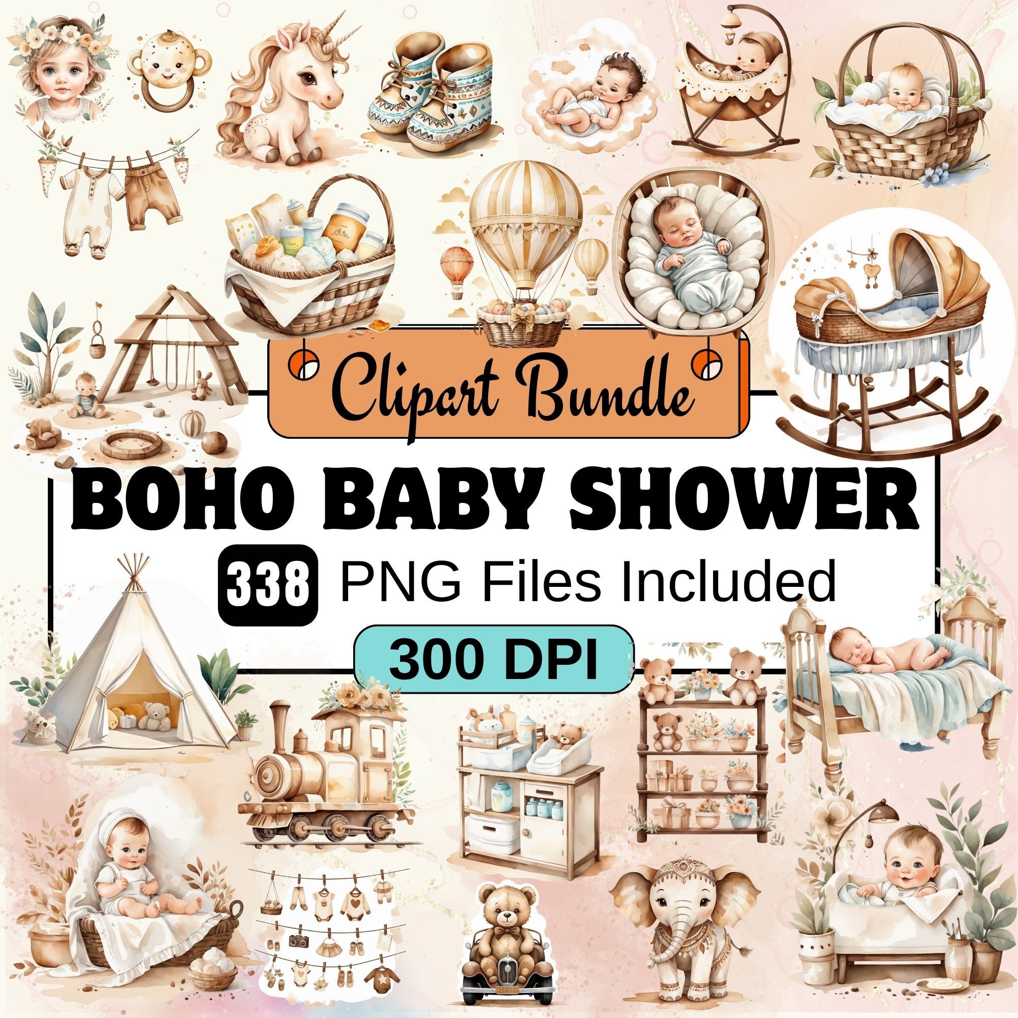 Boho Baby Shower Clipart,baby Shower Clipart PNG Bundle,338 PNG Baby ...