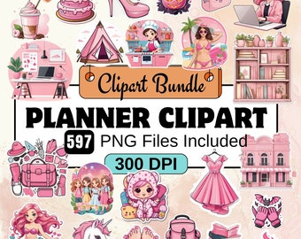 Planer Clipart, Pink Theme Journal Clipart PNG Bundle, 597 PNG Journal Aquarell Clipart Bundle, sofortiger digitaler Download, kommerzielle Nutzung