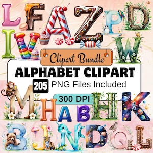 205 alfabetsclipart, färgglada ABC-bokstäver PNG, utskrivbara alfabetsgrafik, ABC-clipart, klassrumsalfabetsgrafik, digitalt alfabet png-set