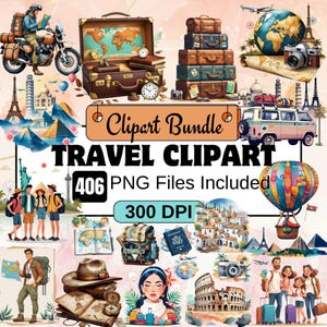 Clipart voyage, aquarelle voyage clipart png, vacances PNG, aventure SVG, valise, bagage, sac à dos, avion, tourisme d'aventure PNG