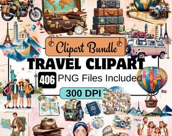 Imágenes prediseñadas de viajes, paquete de imágenes prediseñadas de viajes en acuarela, imágenes PNG de vacaciones, SVG de aventura, maletas, equipaje, mochilas, aviones, turismo de aventura PNG