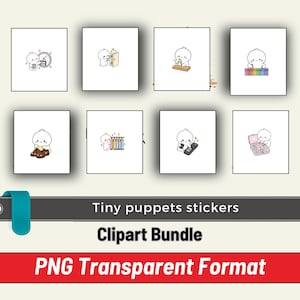 May include: A digital clipart bundle featuring eight square stickers of a small white character performing various activities, including using a clock, opening a door, playing a xylophone, holding shoes, organizing a rack, using a remote, and a makeup kit.