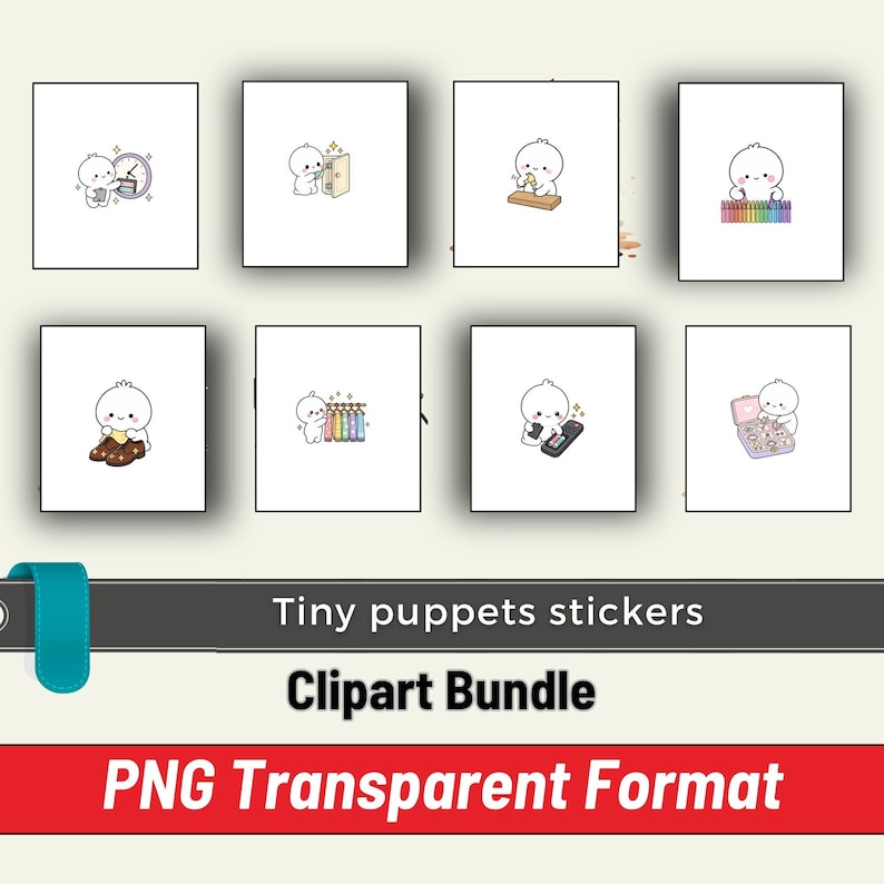 May include: A digital clipart bundle featuring eight square stickers of a small white character performing various activities, including using a clock, opening a door, playing a xylophone, holding shoes, organizing a rack, using a remote, and a makeup kit.