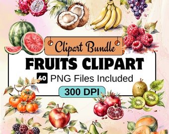 Frukter clipart, mat clipart PNG-paket, 24 PNG frukter clipart-paket, omedelbar digital nedladdning, kommersiellt bruk