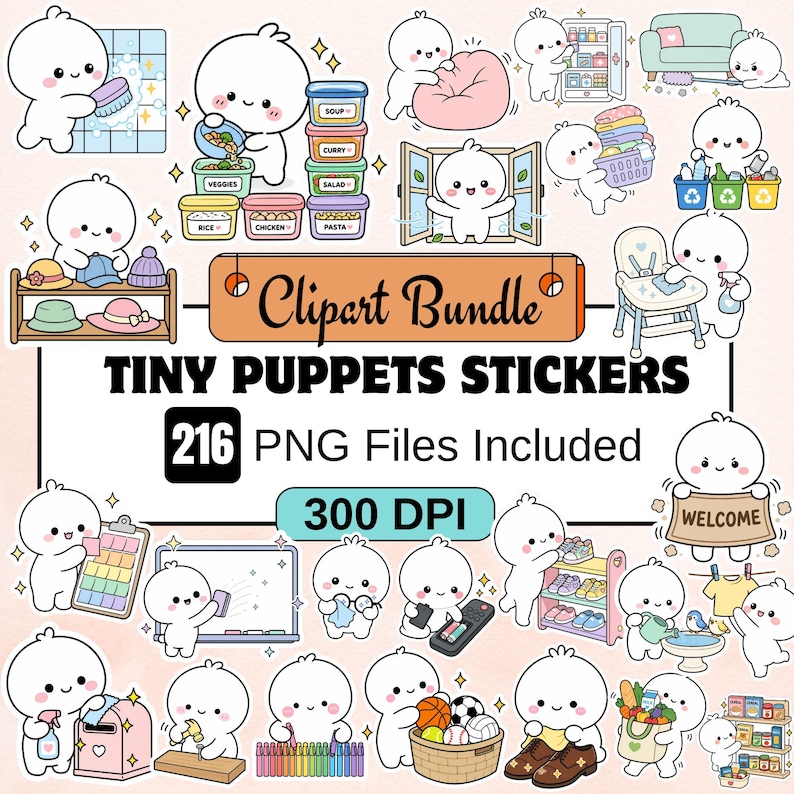 216 Tiny Puppet Chores Clipart PNG Bundle | Printable Planner Stickers | Bullet Journal Stickers | Cute Chore Icons Digital Download image 8