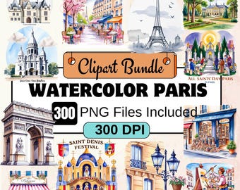 Watercolor Paris clipart, Paris Streets Clipart PNG Bundle, 300 PNG Watercolor Paris  Bundle, Instant Digital Download, Commercial Use