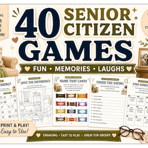 May include: A collection of printable game sheets titled 40 SENIOR CITIZEN GAMES, featuring activities like What's Missing, Spot the Difference, Name That Candy, Finish the Saying, and Find Someone Who, with text, icons, and illustrations.