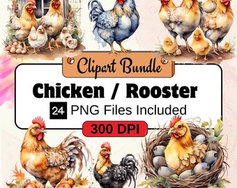 Kyckling Clipart, akvarell kyckling PNG-paket, 24 PNG gårdsdjur Clipart-paket, omedelbar digital nedladdning, kommersiellt bruk