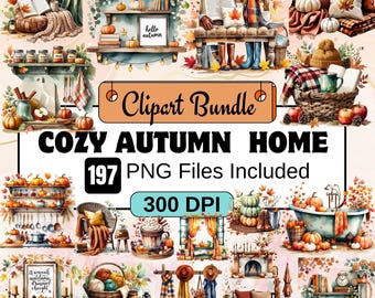 Cozy Autumn House Clipart, Autumn Home,Watercolor fall houses Clipart PNG Bundle,,Fall Clipart,Autumn Elements,Fall PNG,Autumn Sublimation