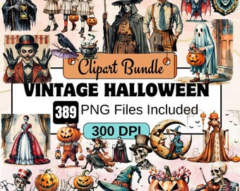 Vintage Halloween Clipart,Watercolor Halloween Clipart PNG Bundle,Victorian Halloween png,spooky halloween,halloween 70s,80s,90s