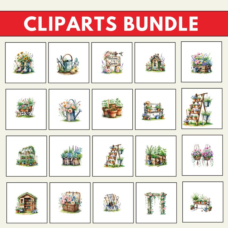 Może przedstawiać: Zestaw 20 akwarelowych ilustracji clipart przedstawiających r&oacute;żne sceny ogrodowe, w tym kwiaty, rośliny, konewki, budkę dla ptak&oacute;w, tabliczkę z napisem &bdquo;Witamy&rdquo; i drabinę. Ilustracje idealnie nadają się do rękodzieła, scrapbookingu i projekt&oacute;w cyfrowych.