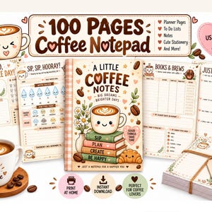 Puede incluir: Un bloc de notas de café de 100 páginas con varias páginas de planificación, listas de tareas y hojas de notas con ilustraciones de café. La colección incluye tamaños A4, US Letter y 6x4 pulgadas, mostrando un bloc central titulado A Little Coffee Notes, hojas sueltas y una pila de papel atada.