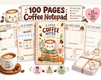 Könnte beinhalten: Ein 100-seitiger Kaffee-Notizblock mit verschiedenen Planerseiten, To-Do-Listen und Notizblättern mit Kaffee-Illustrationen. Die Sammlung umfasst A4-, US Letter- und 6x4-Zoll-Formate und zeigt einen zentralen Notizblock mit dem Titel A Little Coffee Notes, lose Blätter sowie einen gebündelten Papierstapel.