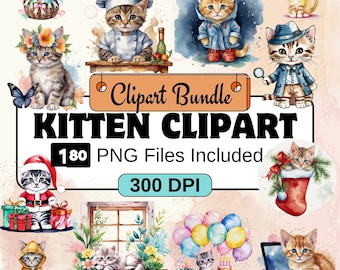 Kitten clipart Clipart, Cute Cat Clipart PNG Bundle, 48 PNG  Kitten  Clipart Bundle, Instant Digital Download, Commercial Use