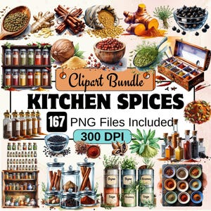 May include: A digital clipart bundle of 167 kitchen spices, including cinnamon sticks, cloves, peppercorns, star anise, turmeric, and more. The clipart is in a watercolor style and is perfect for use in digital projects.